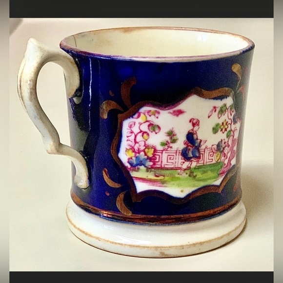 Gaudy Welsh Cobalt Blue Pink Lustre Chinoiserie Child’s Cup Mug - Picture 3 of 10